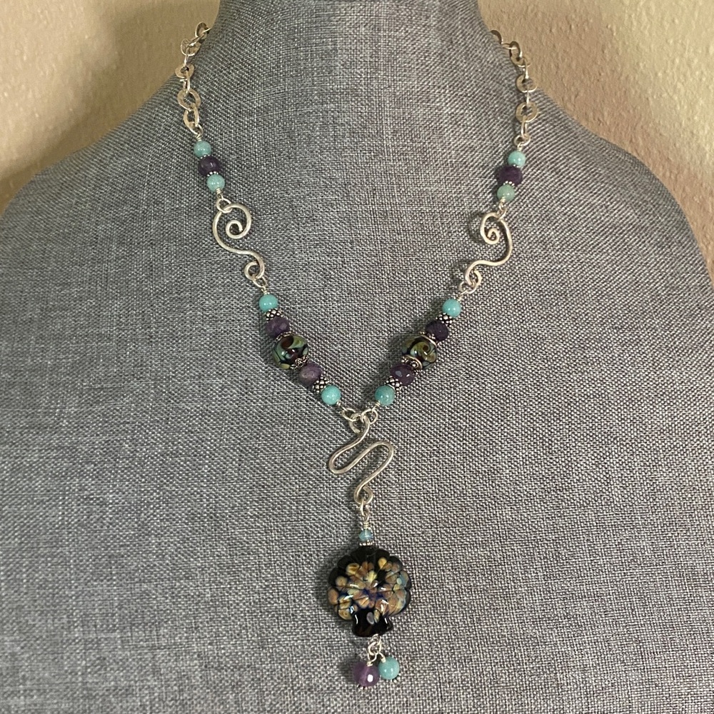 Handmade Sterling Silver Lampwork Glass Amethyst Amazonite Necklace 20.5”